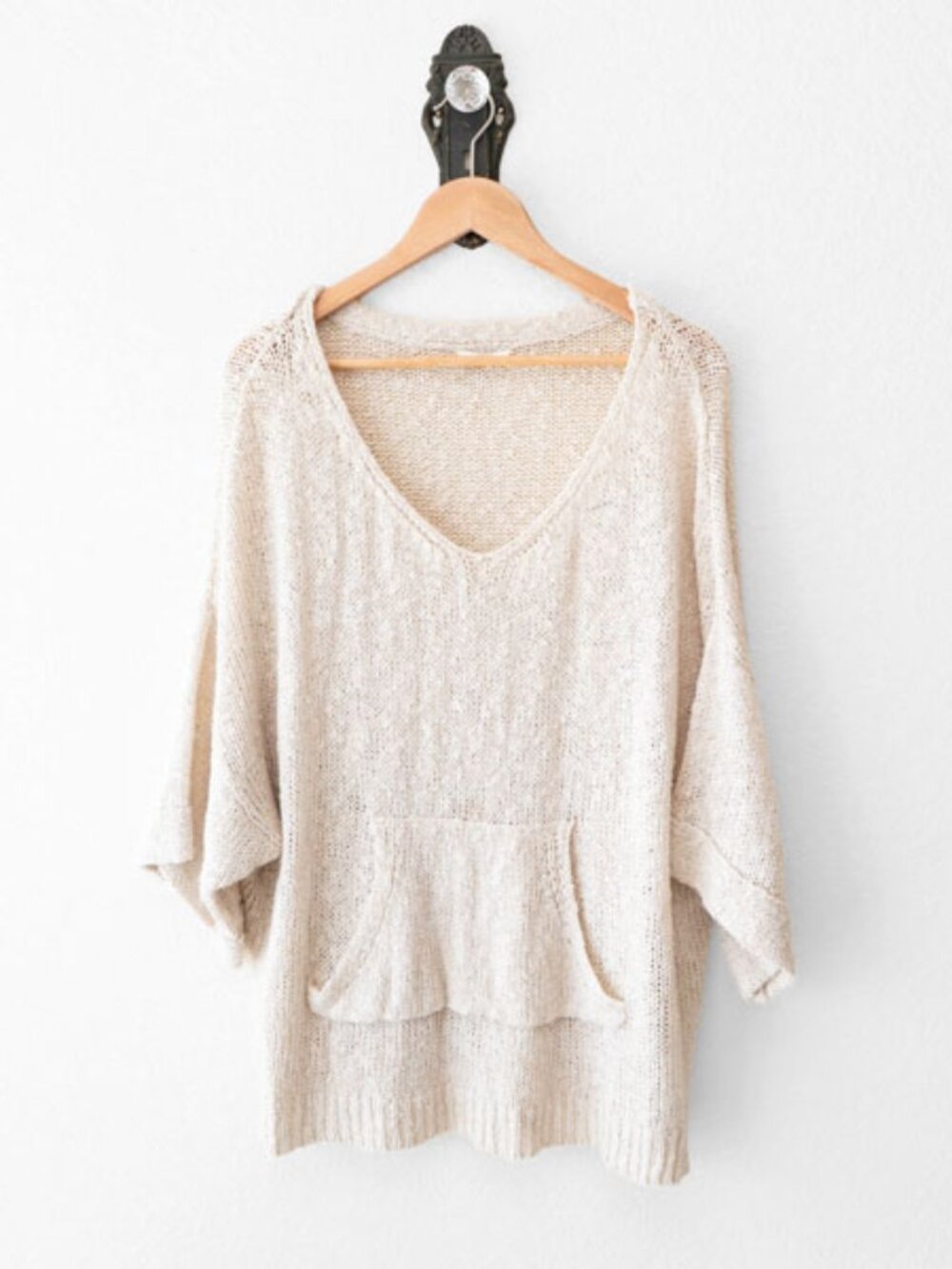 Easel Open Knit Sweater Neutral Oversized Pocket Boho Beachy M L